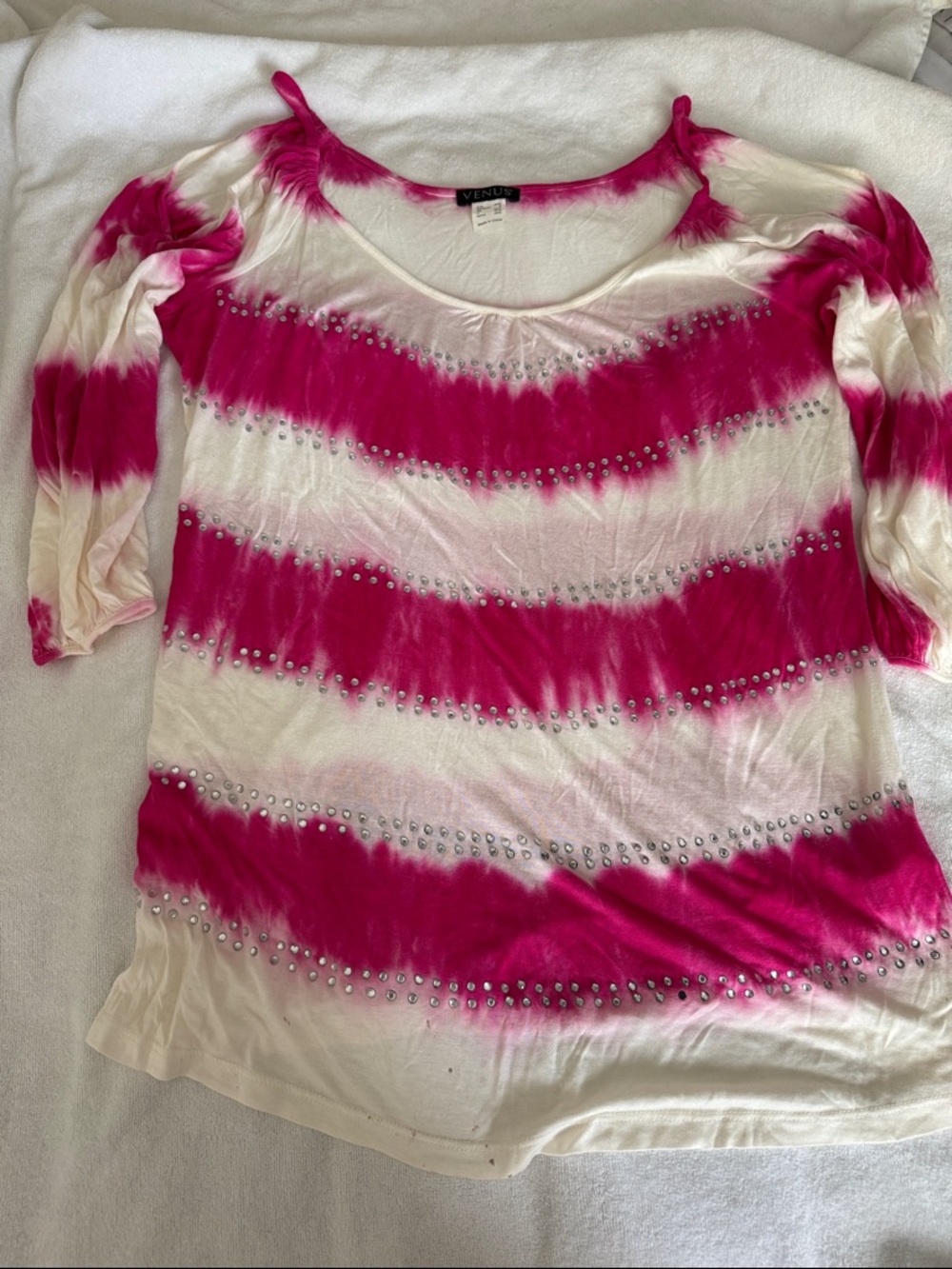 VENUS Hot Pink and White Tie-Dye Scoop Neck Studded Top